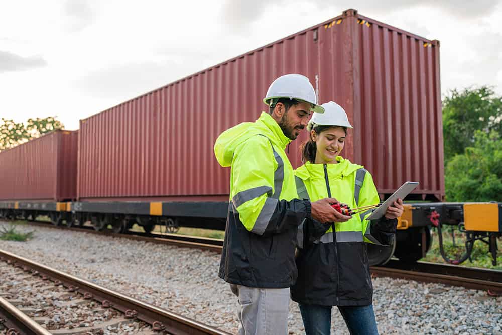 Two people in safety vests standing next to a train. | Unlimited Solutions