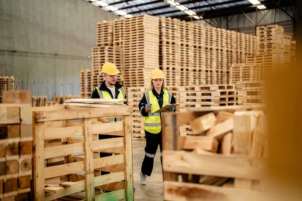 Two workers in a warehouse with wooden pallets. | Unlimited Solutions