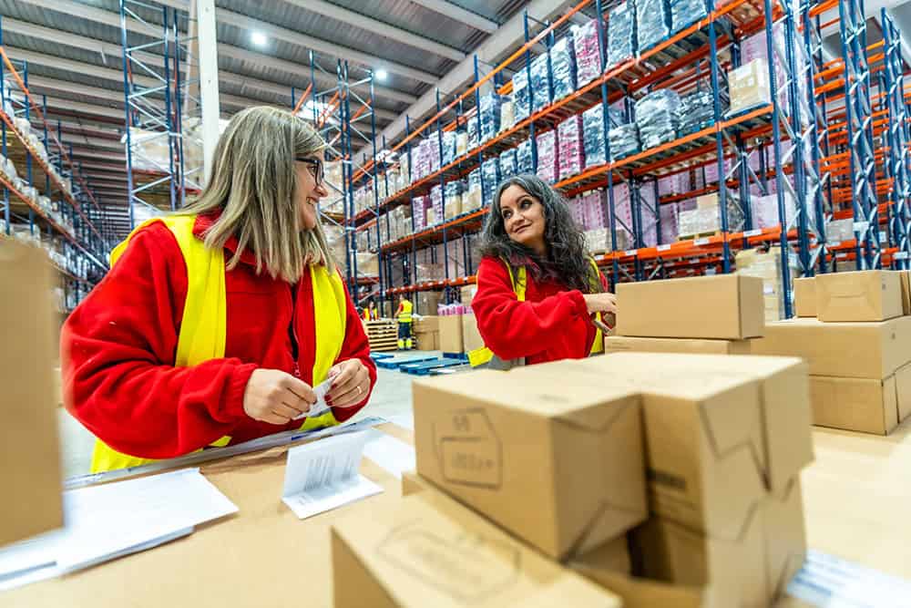 Two women in a warehouse with boxes. | Unlimited Solutions